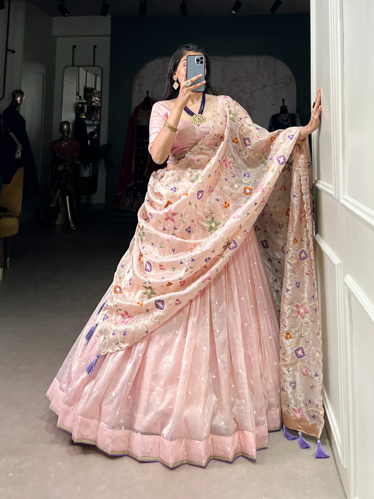 Light pink color gold crush lehenga choli with dupatta online