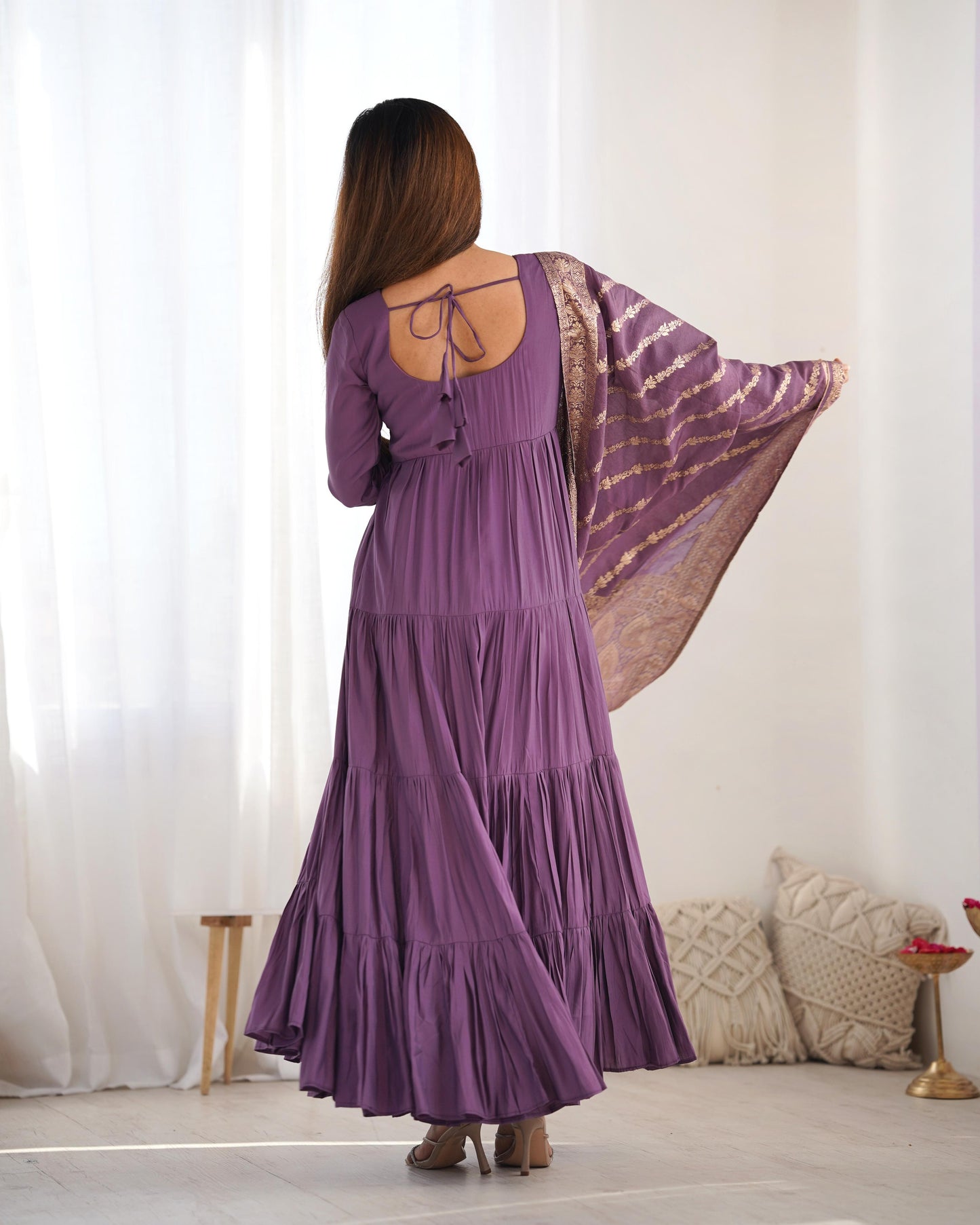 Mauve Purple color roman silk chanderi long gown online shopping