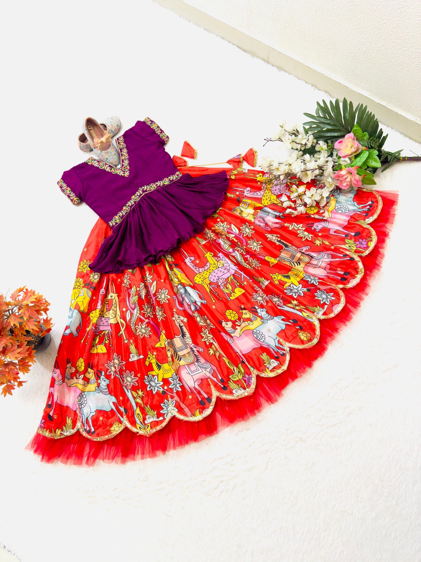 Red color georgette printed lehenga choli for small girls design