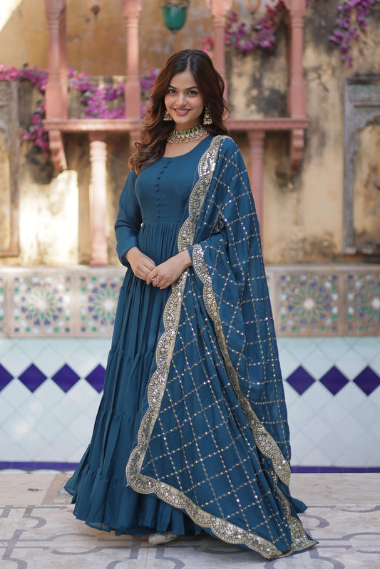 Teal blue color georgette long gown images