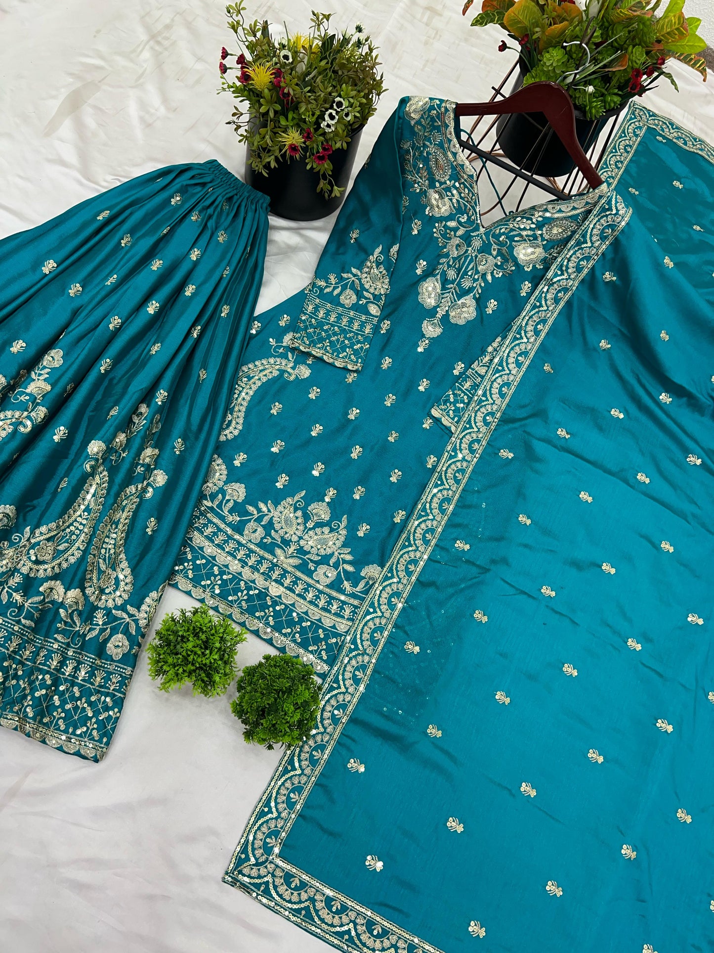 Rama color chinon silk sharara suit with dupatta price