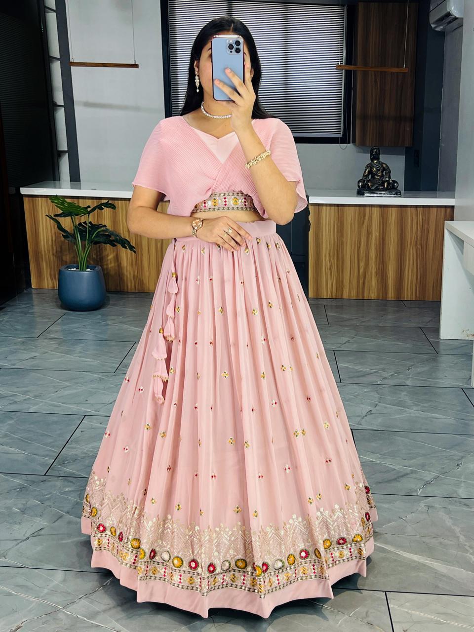 Peach color embroidery work lehenga for women