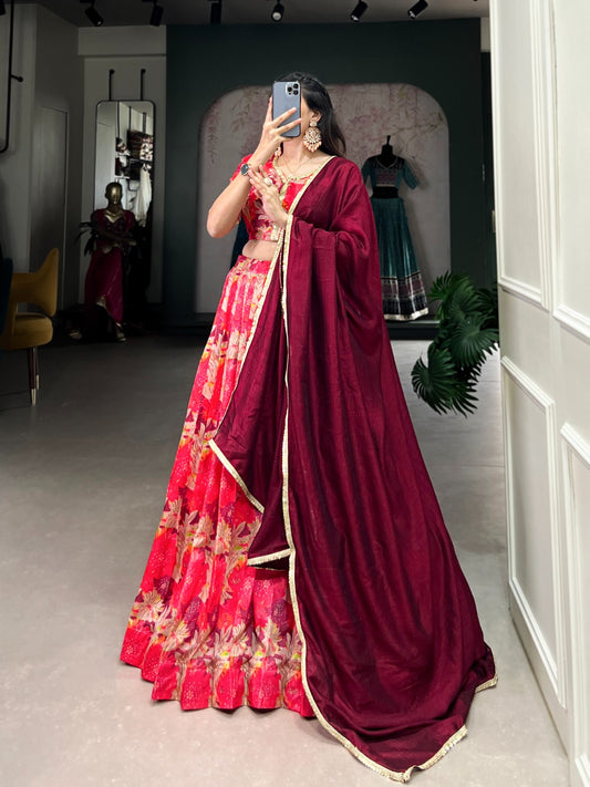 Red tussar silk lehenga choli images