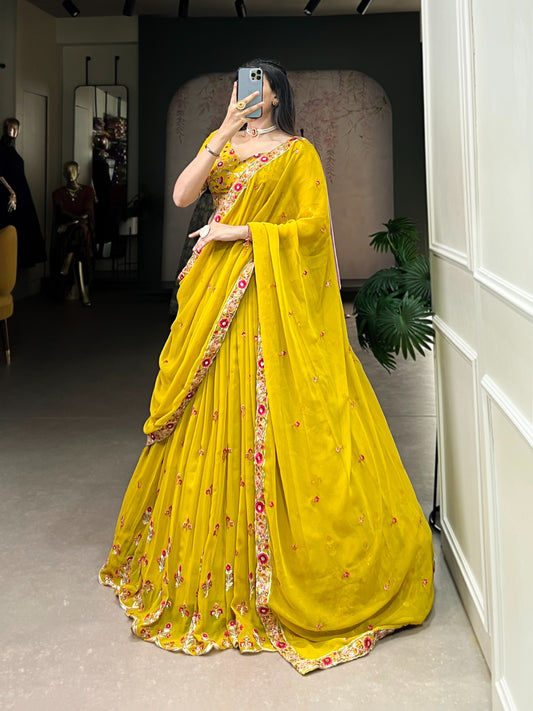 Mustard color georgette lehenga choli for haldi rasam