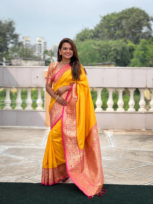 Yellow color banarasi silk saree for women price