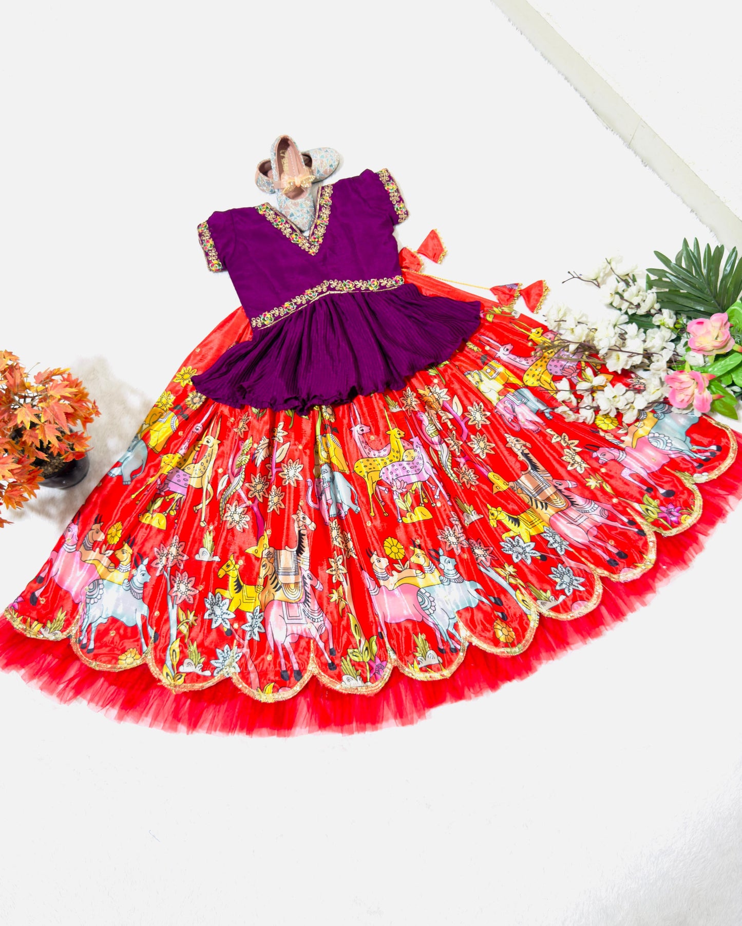 Red color silk lehenga choli for small girls online shopping