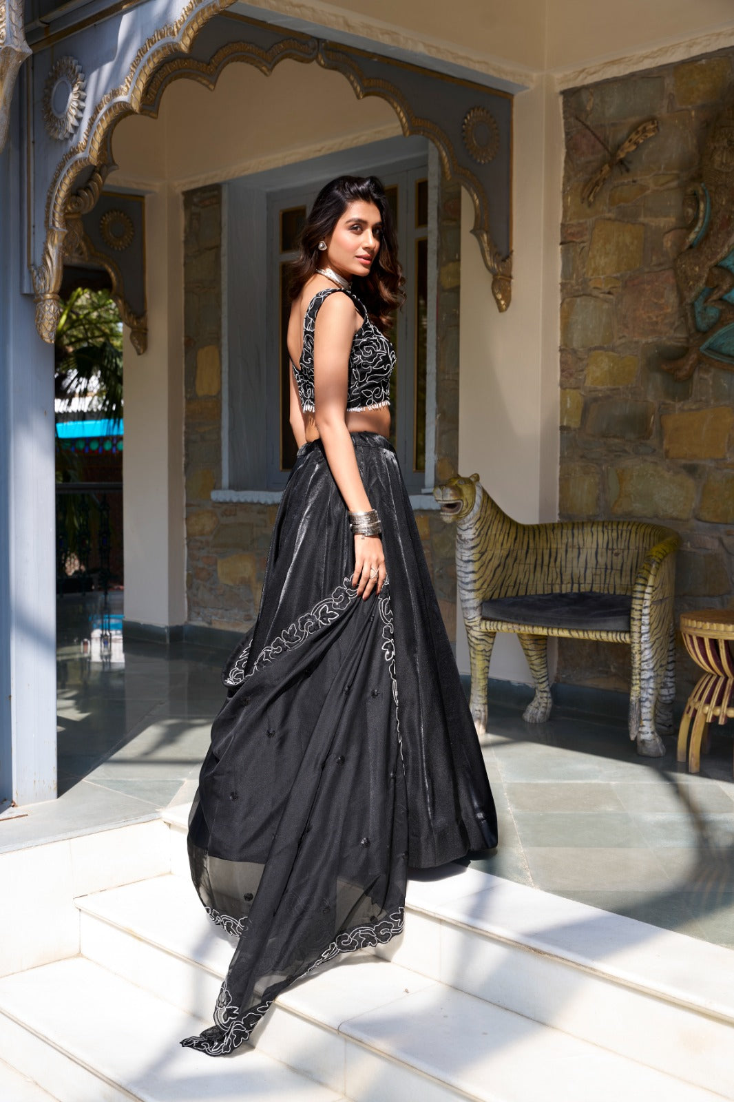 Black color star satin lehenga choli with dupatta price