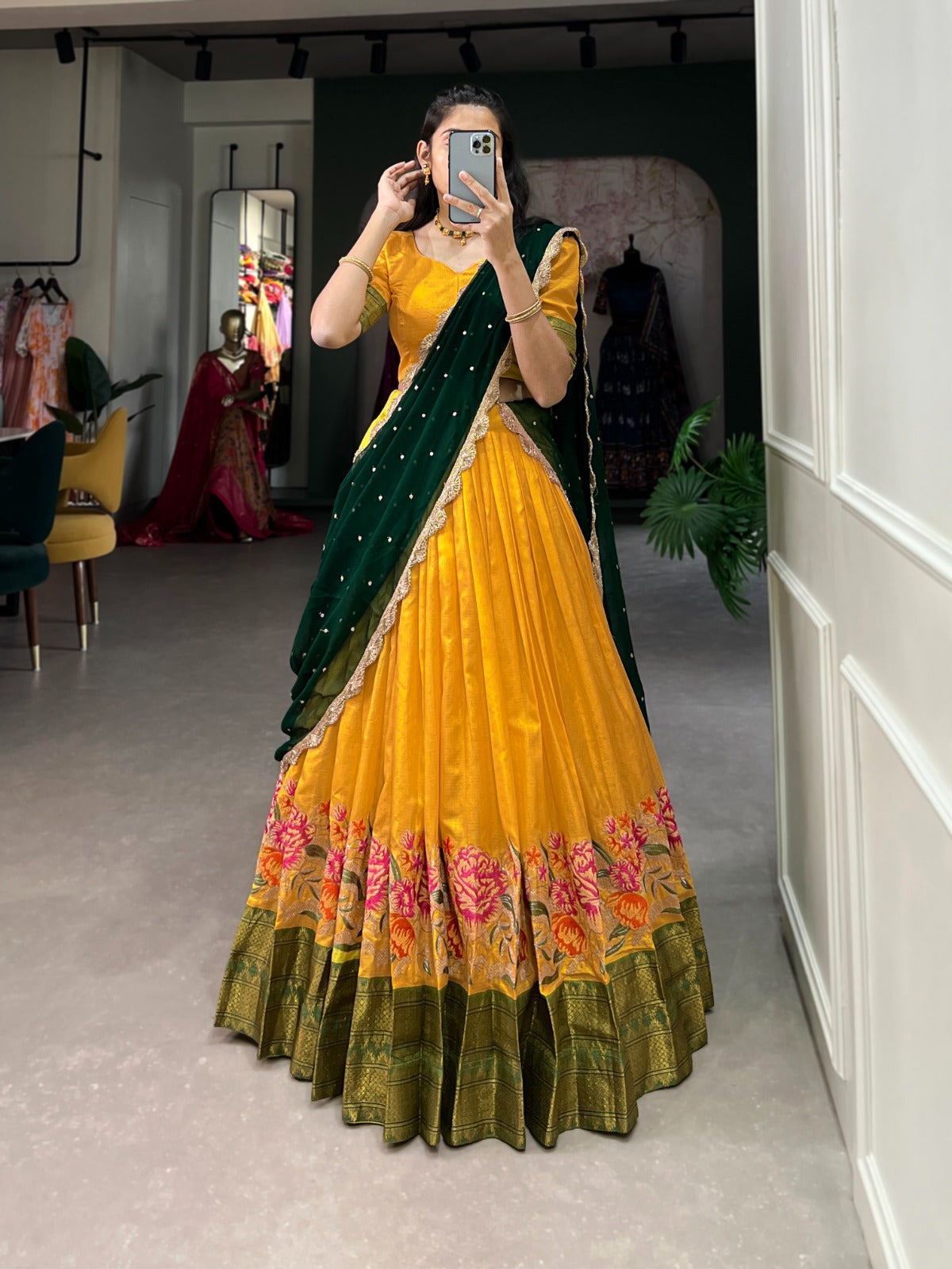 Yellow color cotton silk lehenga choli online