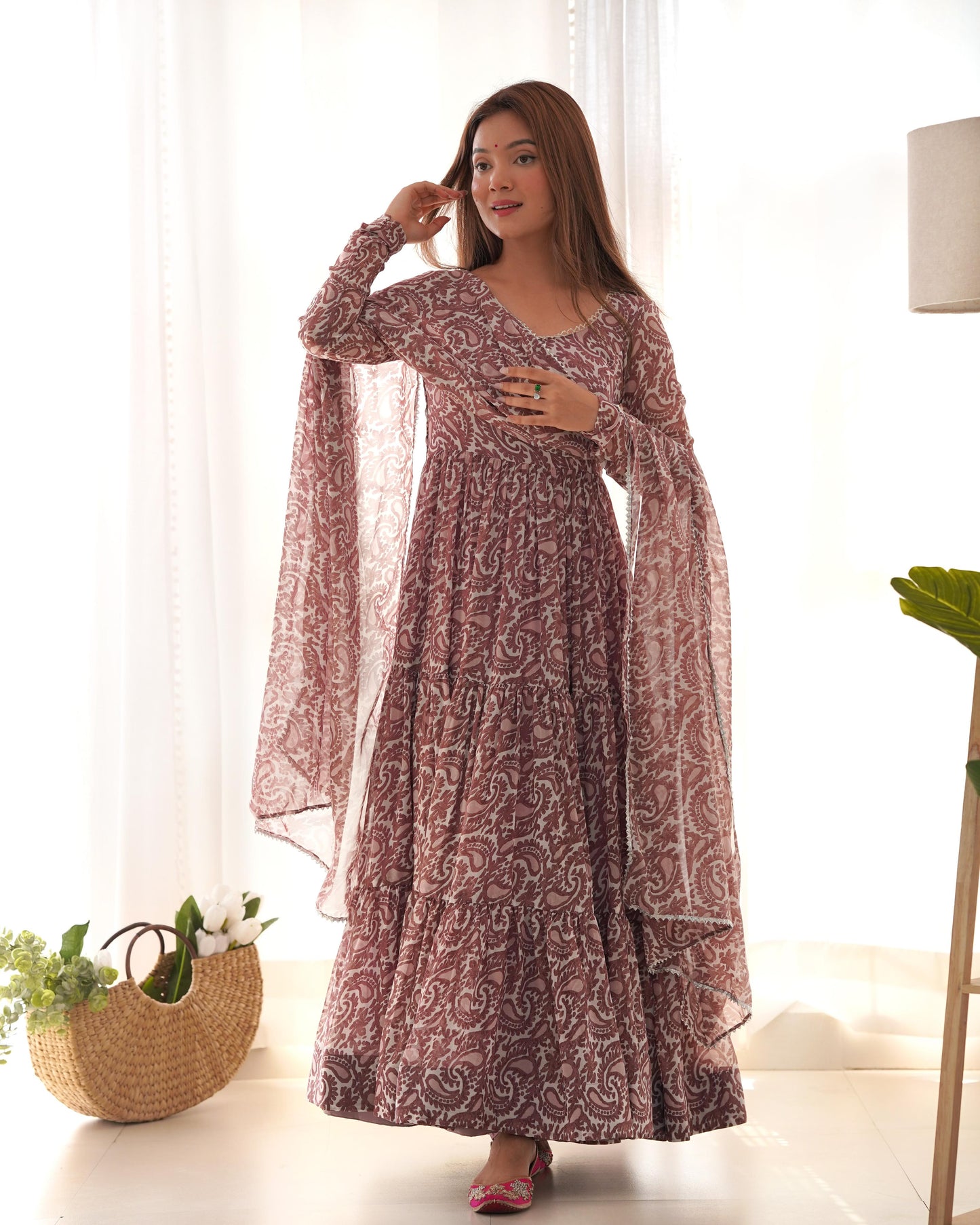 Brown color georgette printed long gown