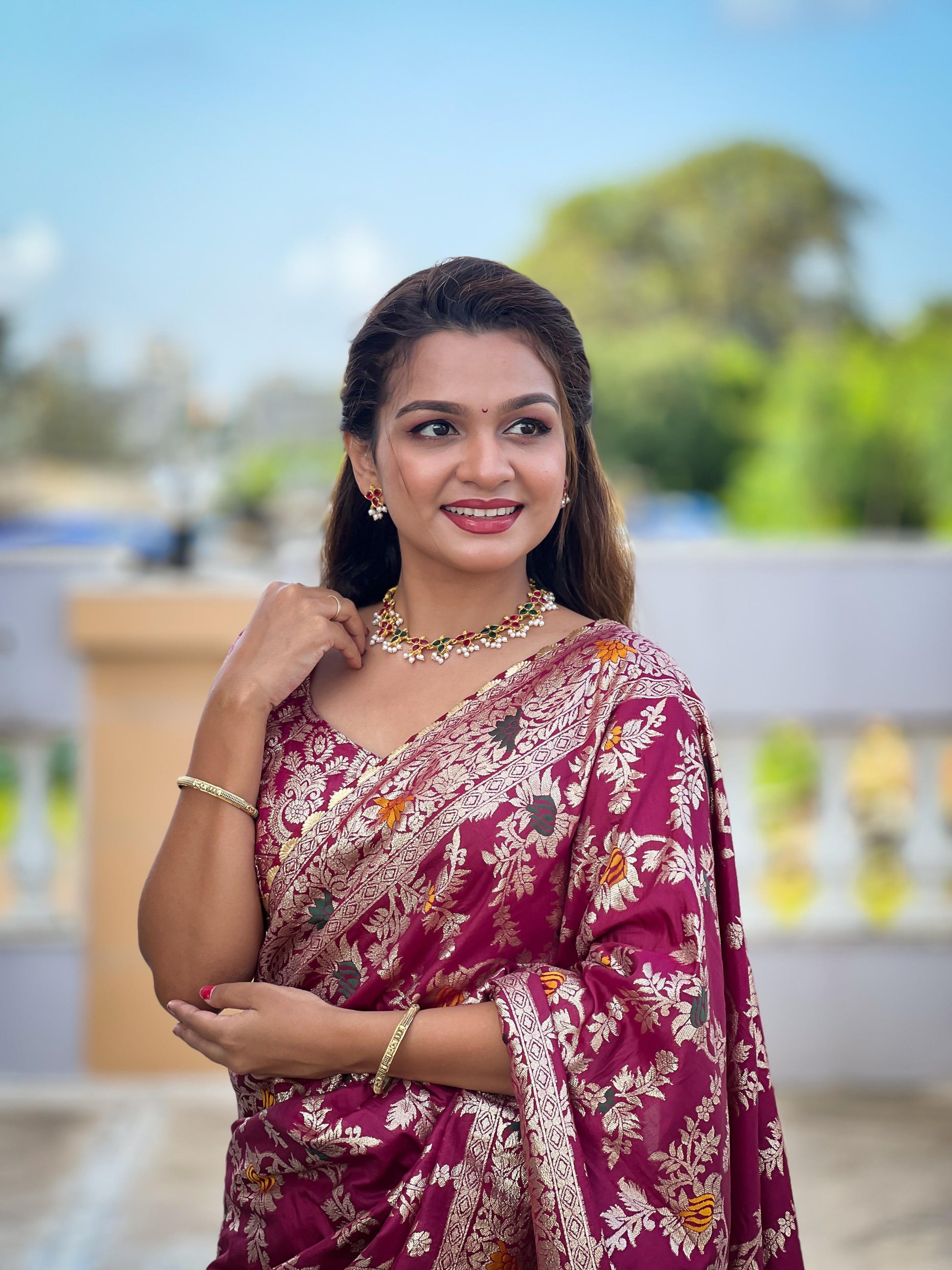 Rani pink viscose dola silk saree images