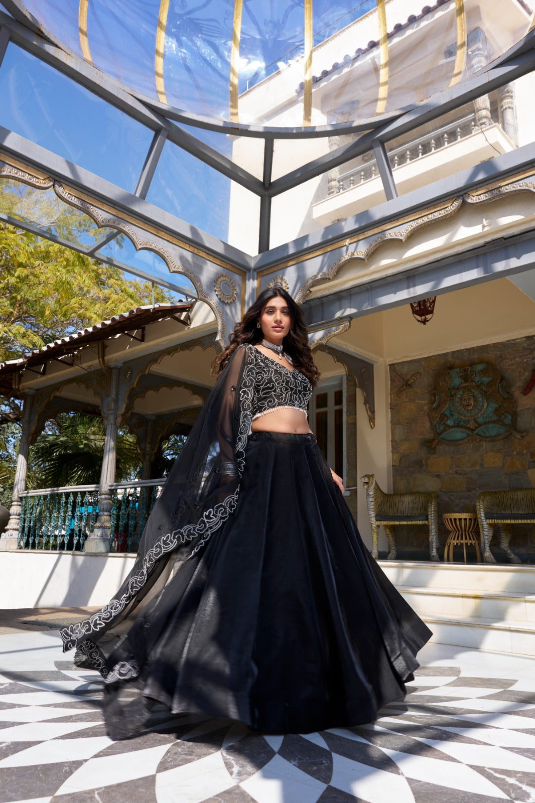 Black color star satin lehenga choli with online
