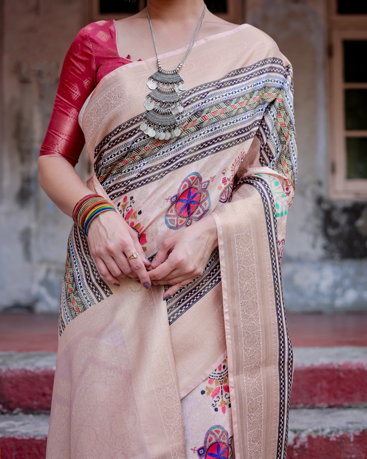 Beige color banarasi silk saree with blouse images