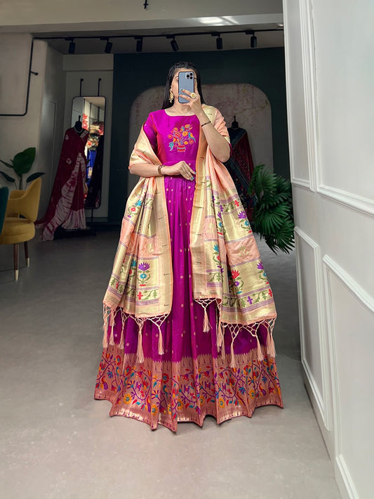 Purple color jacquard silk long gown with dupatta