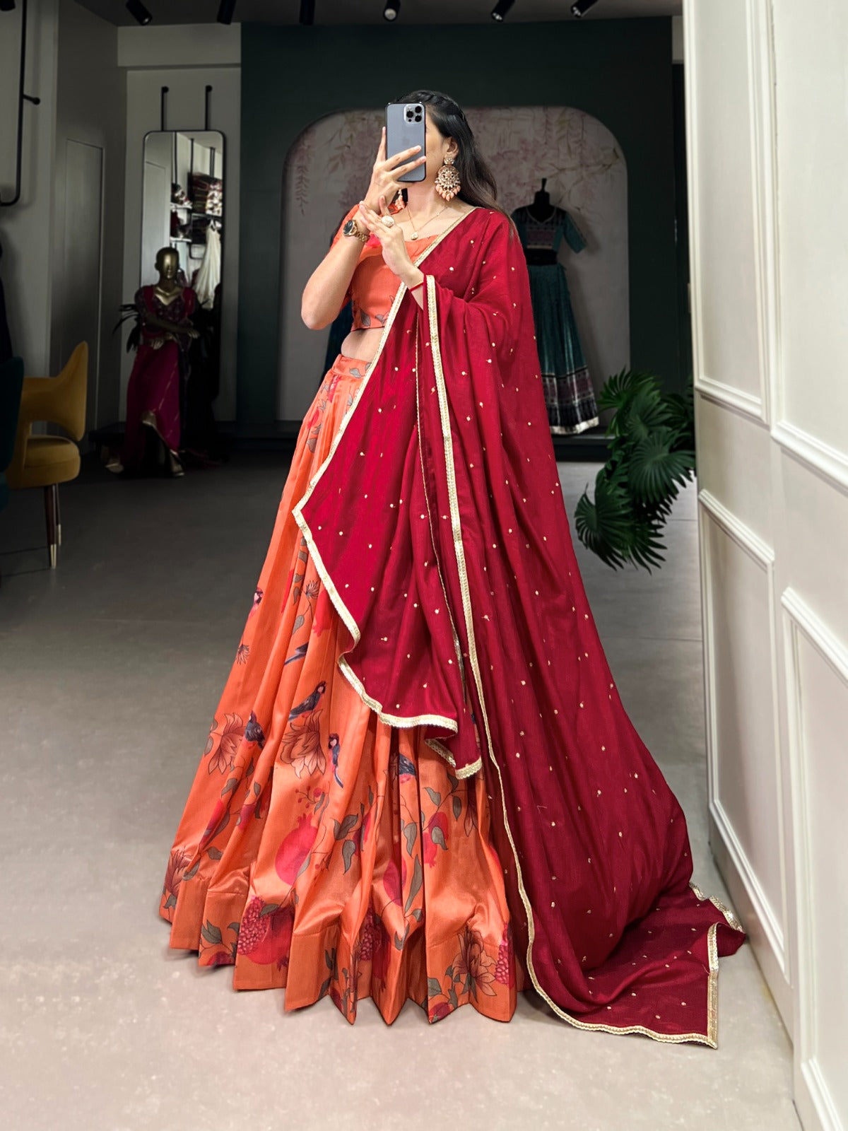 Wedding Orange color tussar silk printed lehenga choli