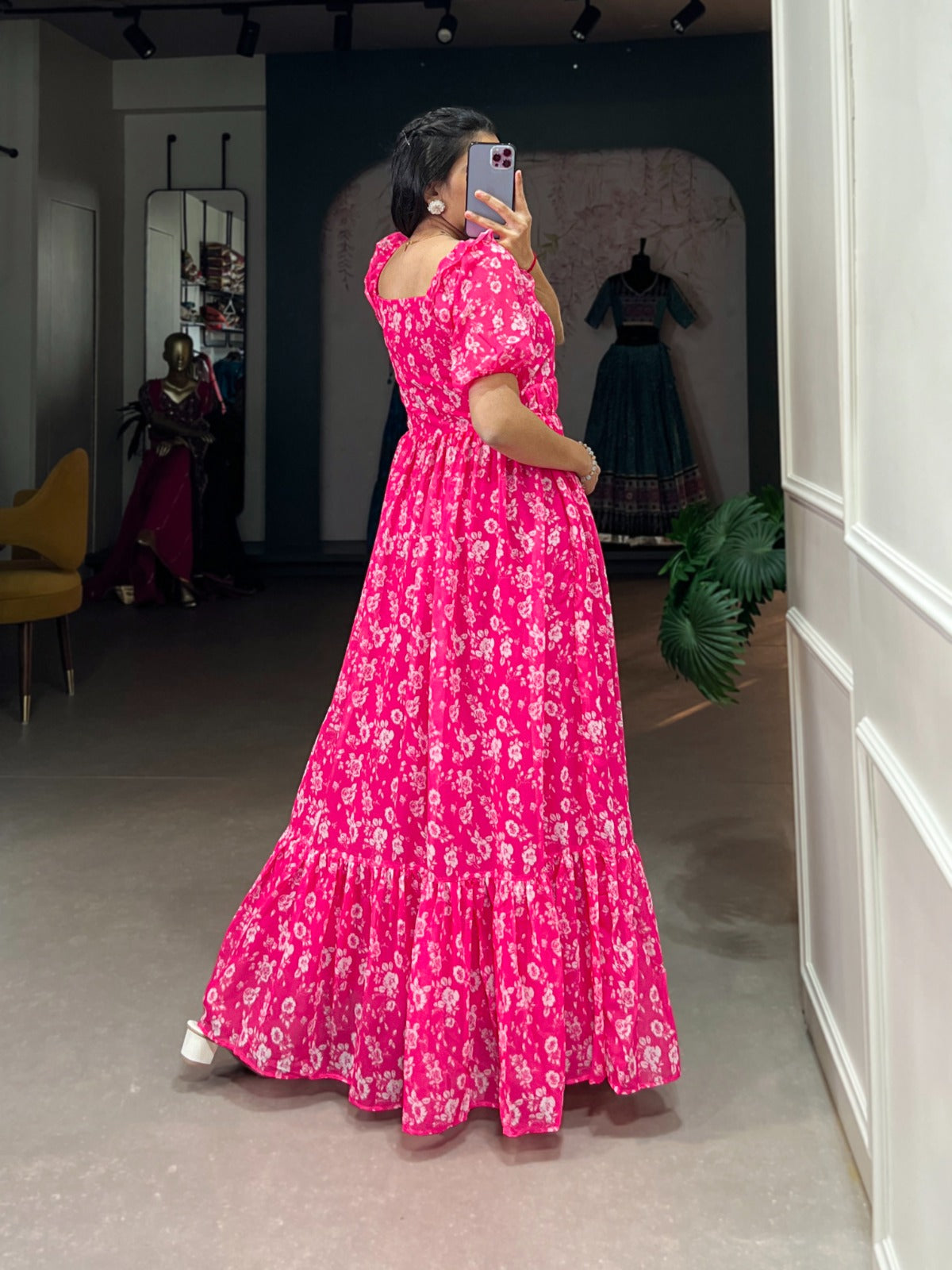Pink color georgette printed long gown online shopping