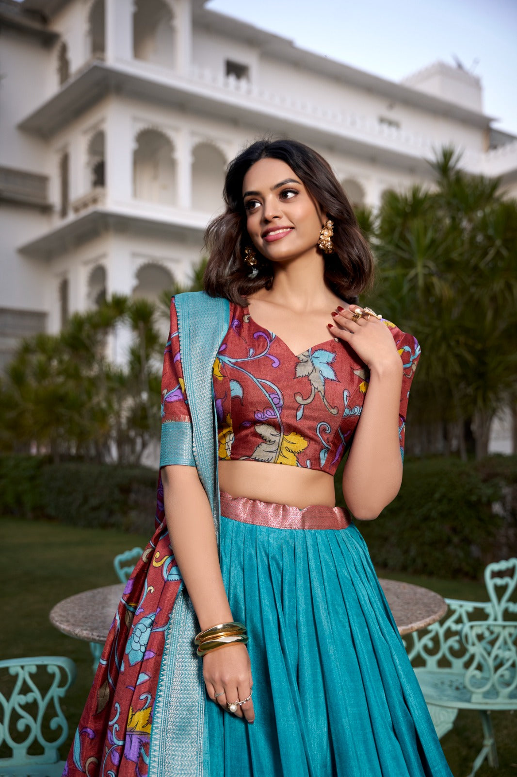 Firozi color Dola Silk printed Lehenga choli with Blouse images