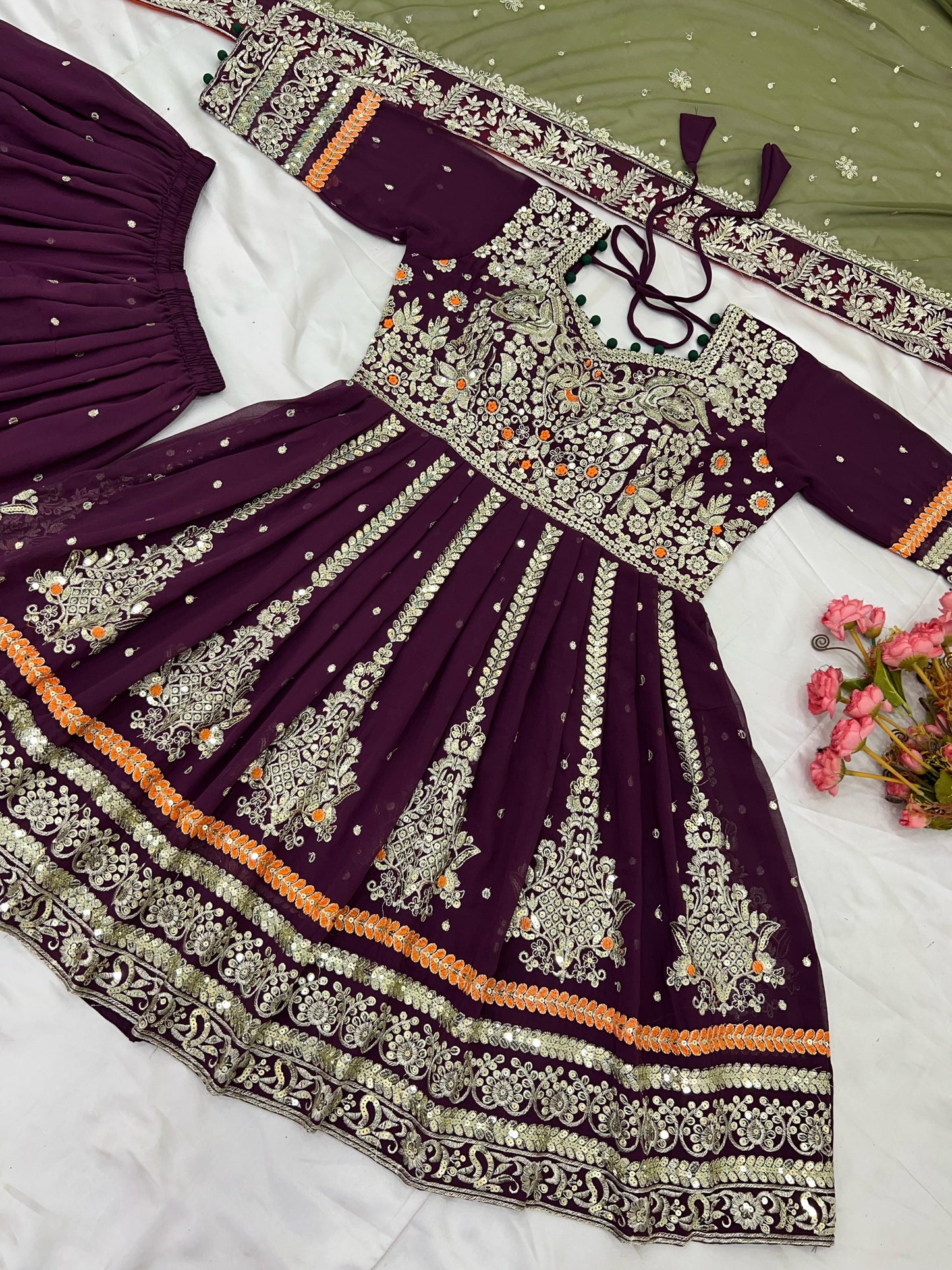 Purple color georgette sharara suit with dupatta images