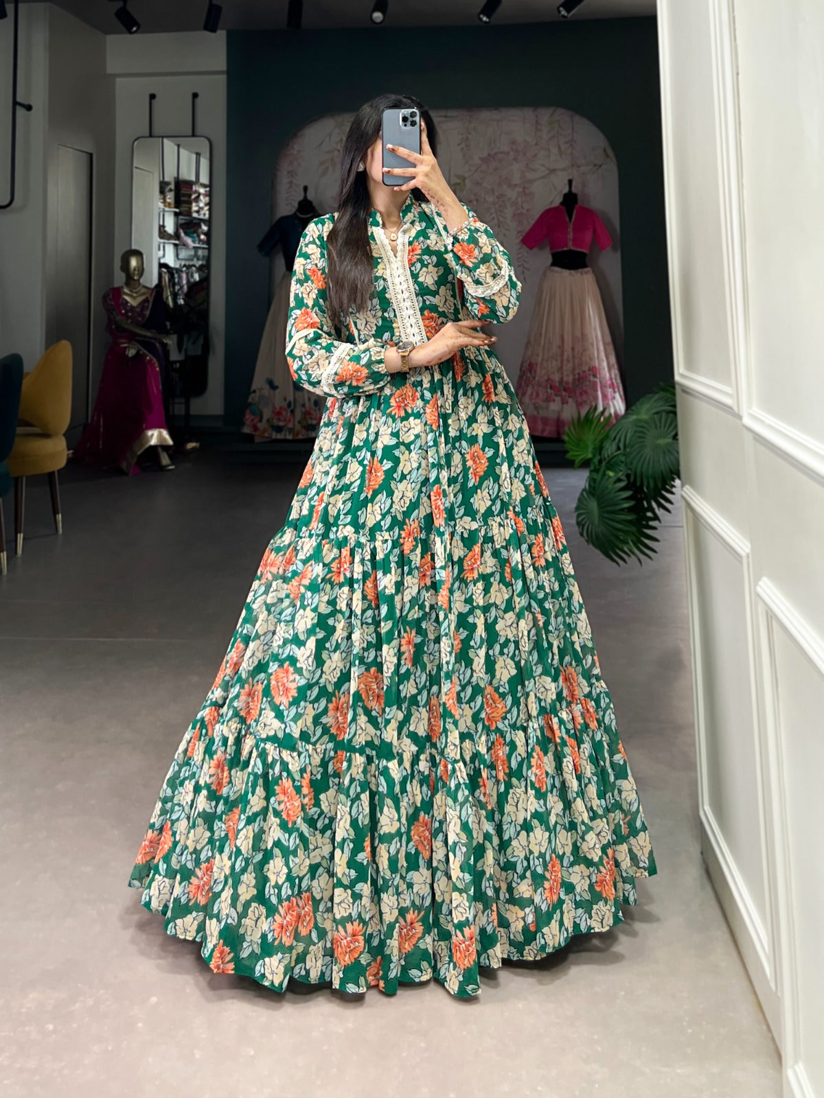 Green Color Floral Printed Georgette Long Gown For Farewell Party Ragthm Green Color Floral Printed Georgette Long Gown For Farewell Party Ragthm