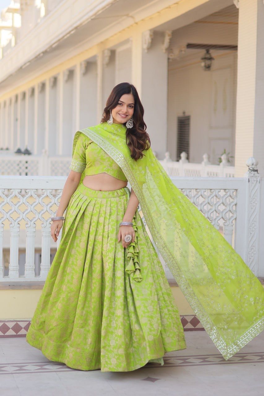 Wedding wear green color viscose jacquard lehenga choli for women