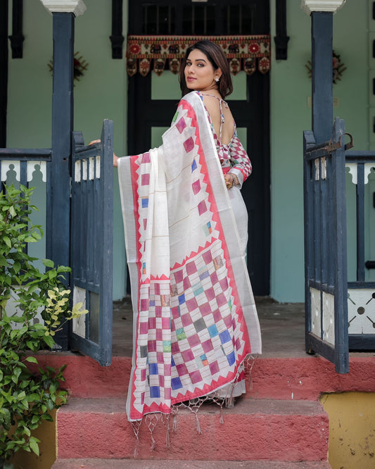 White color linen printed saree for wedding