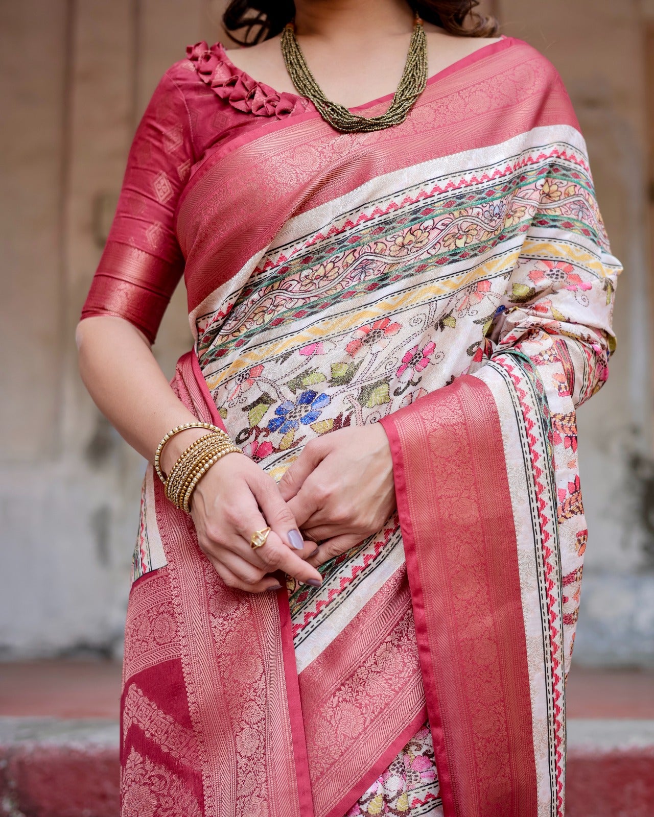 Rose pink color banarasi silk printed saree with blouse for party