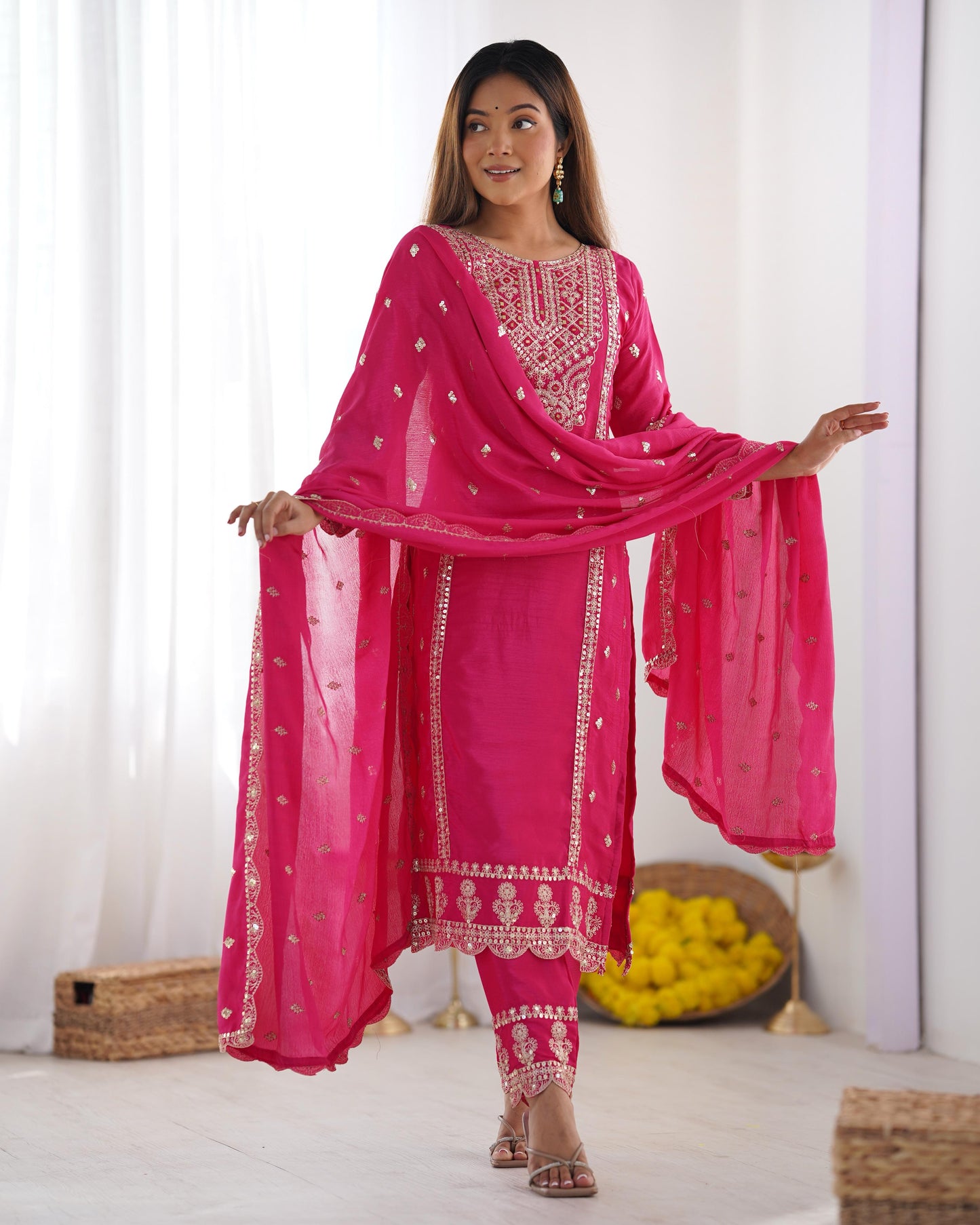 Pink color chinon silk salwar suit with dupatta price