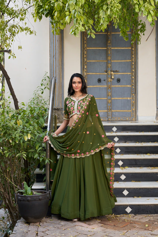 Mehendi color Georgette lehenga choli for wedding