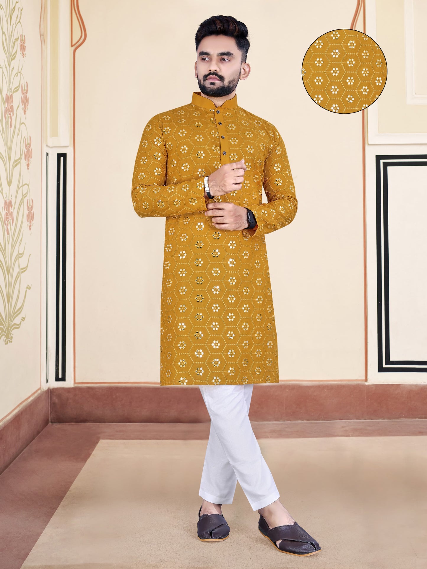 yellow mens mirror work kurta usa