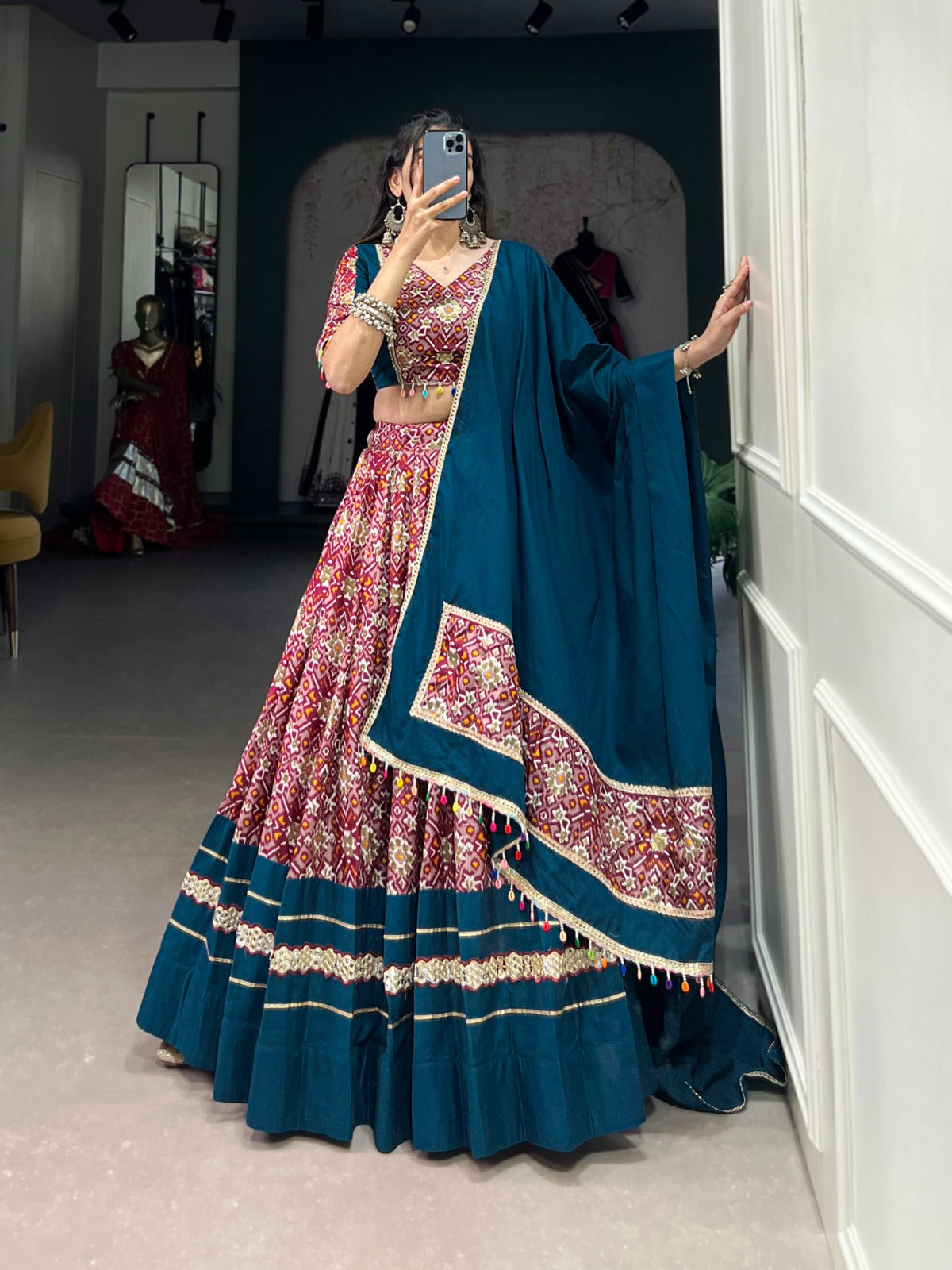 Red rayon printed chaniya choli with dupatta