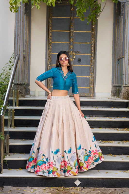 Off white color tussar silk lehenga with blouse online
