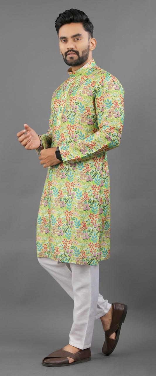 Pista color linen printed kurta for wedding