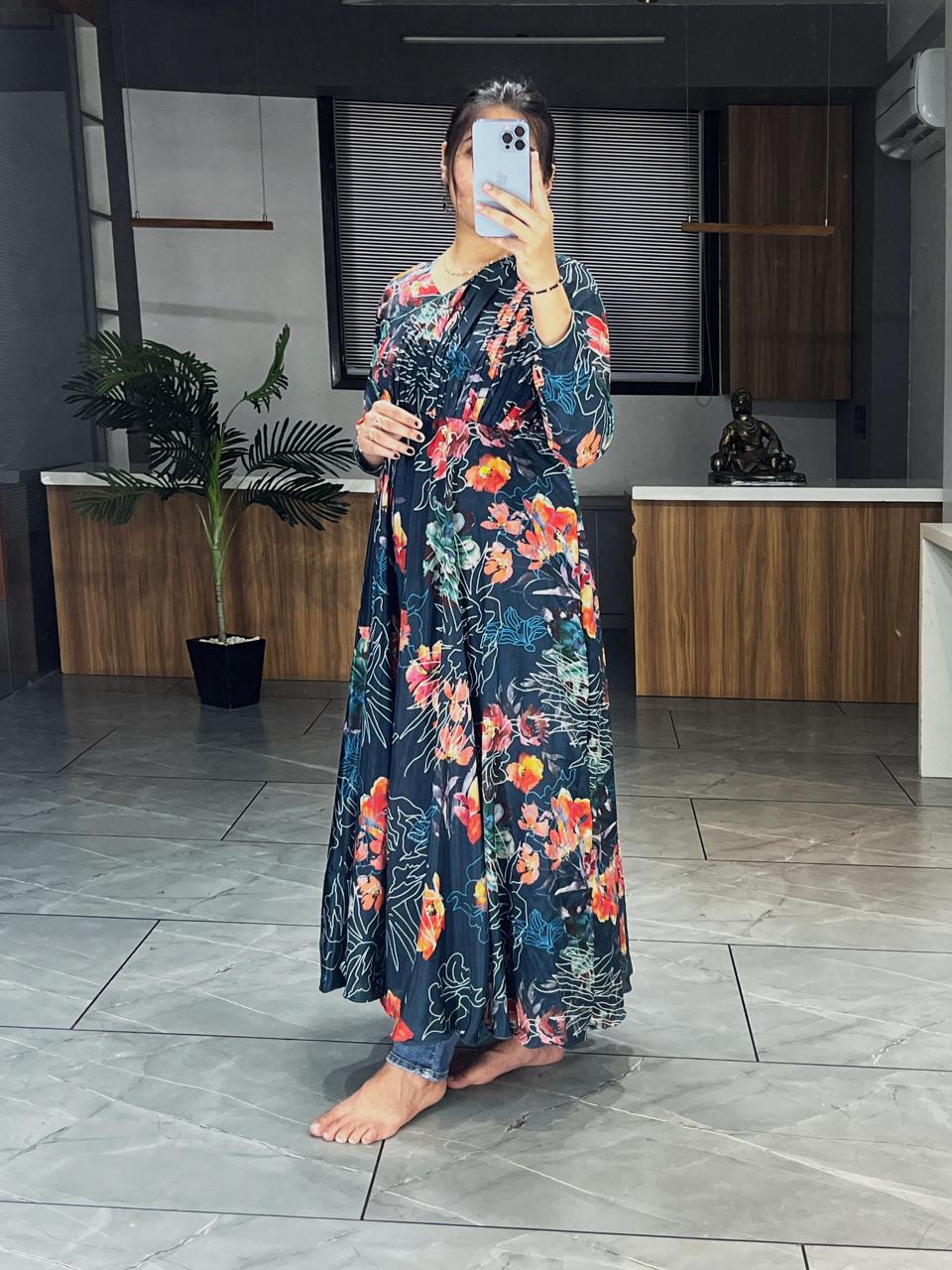 Teal blue color chinon long gown for party