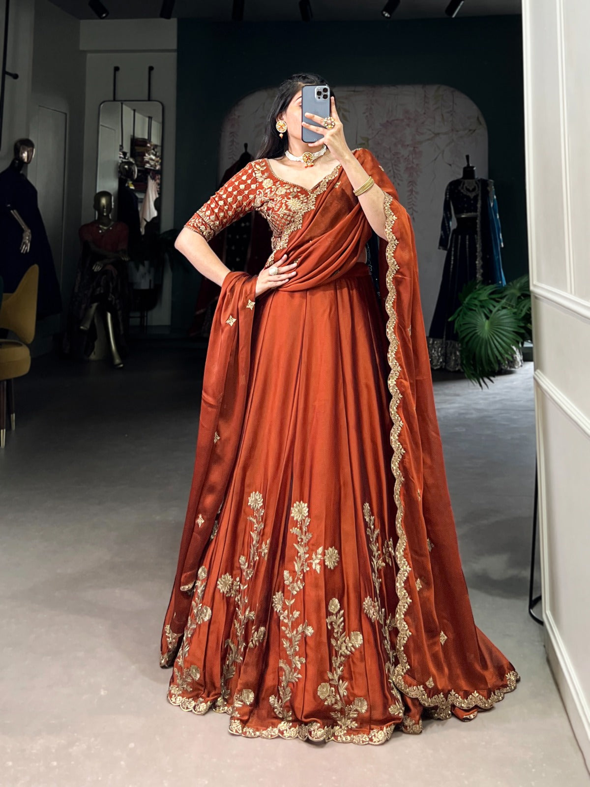 Orange color embroidery work chaniya choli