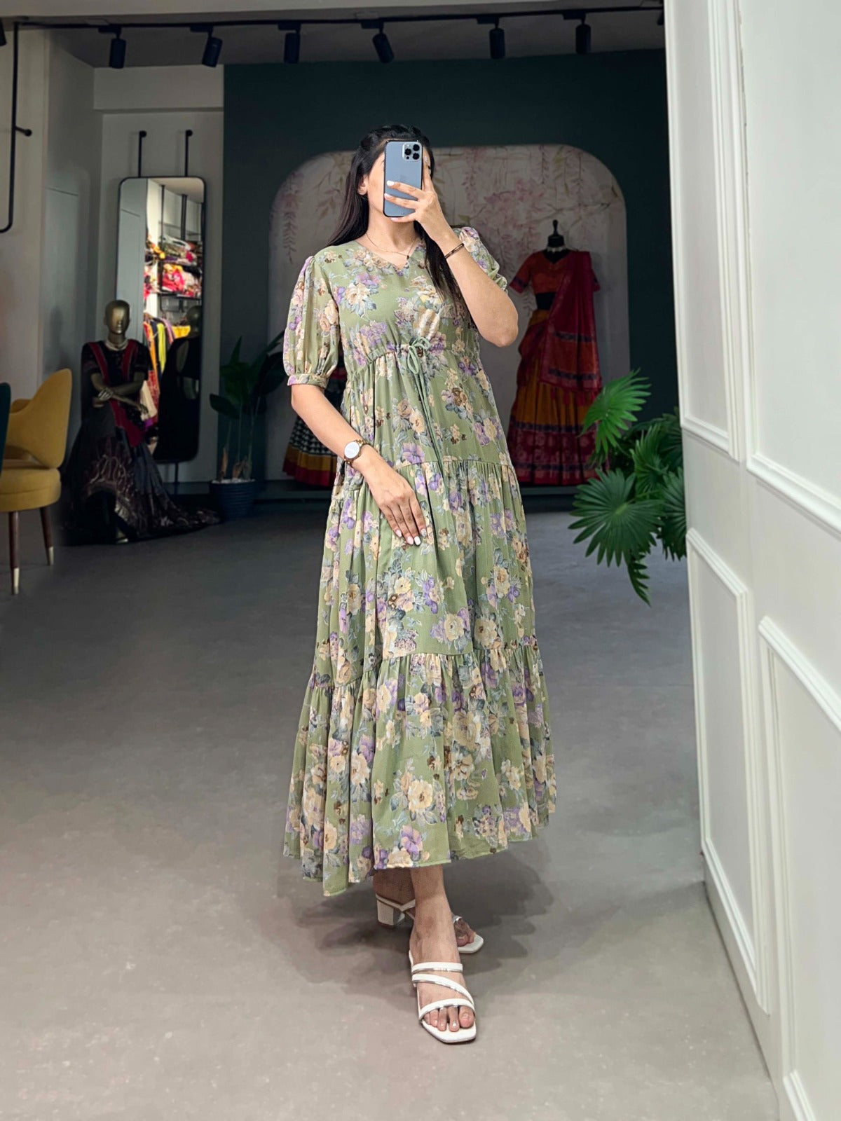 Pista color georgette long gown for party