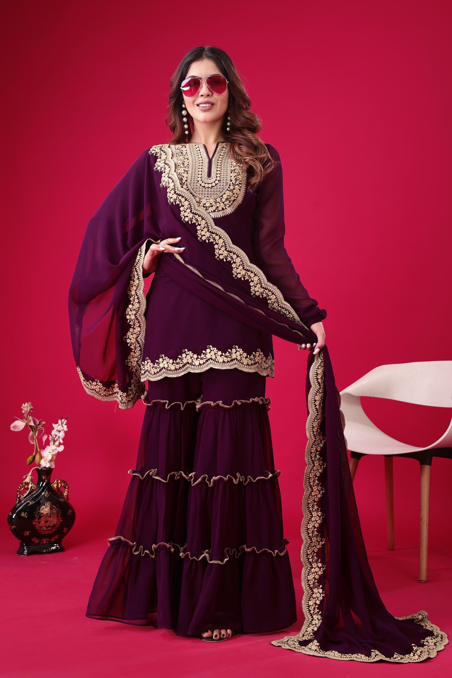 Wine color georgette salwar suit dupatta images