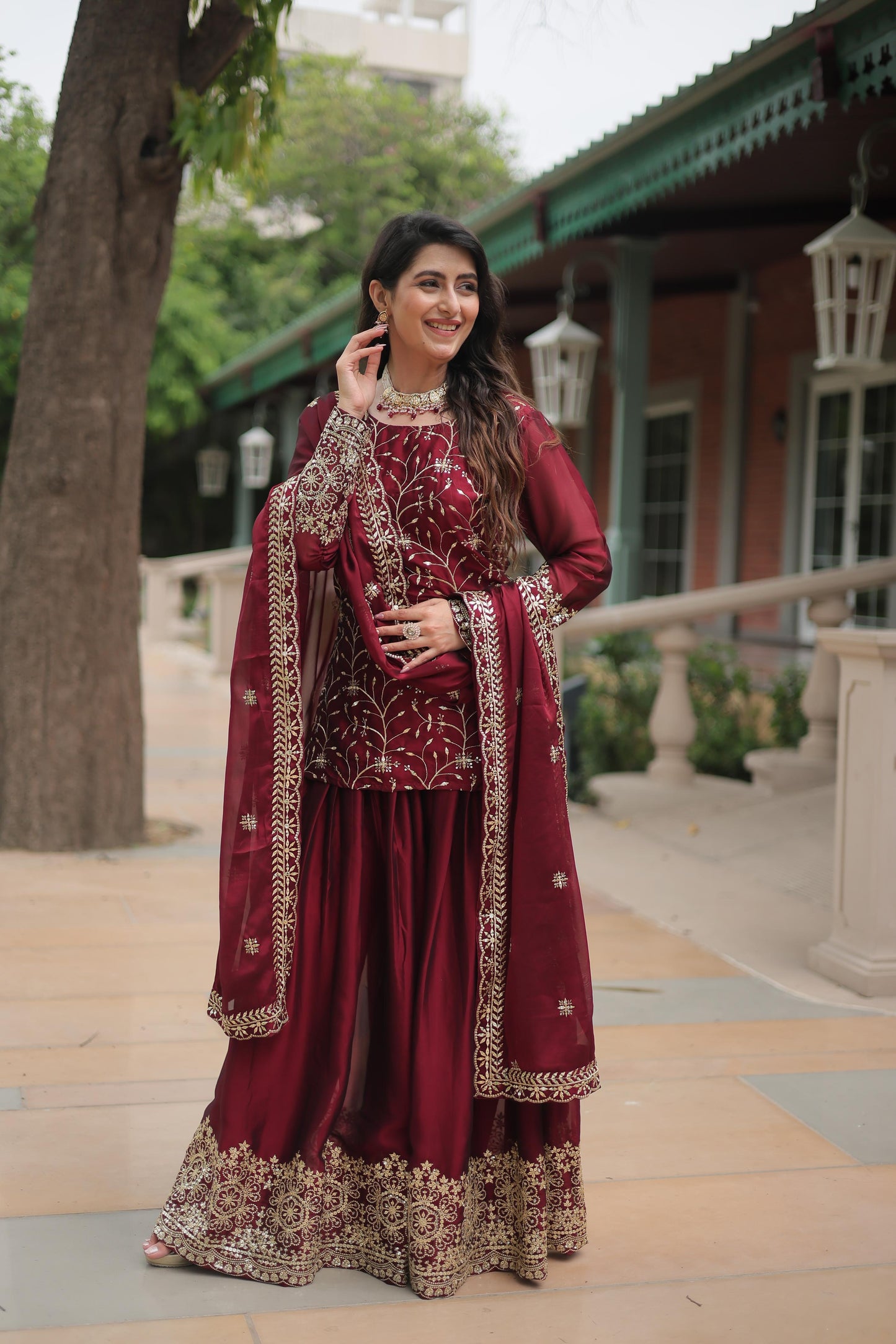 Maroon color rangoli silk sequins work sharara suit online shopping