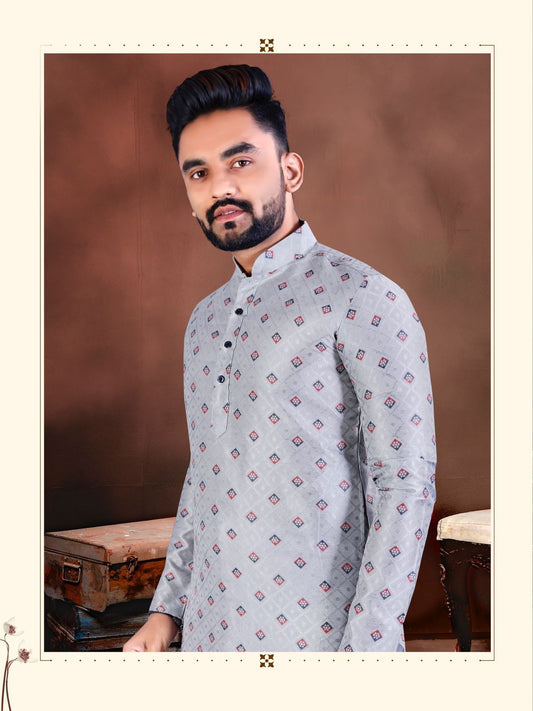 Men's Traditional Jacquard Kurta Contrast Butti Kurta