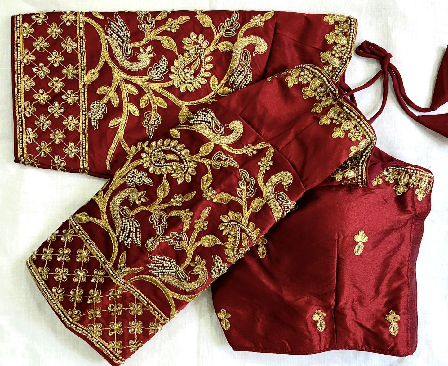 Maroon color banarasi silk saree blouse for reception