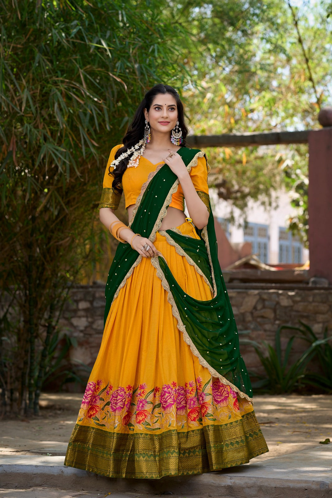 Mustard color cotton silk lehenga choli images
