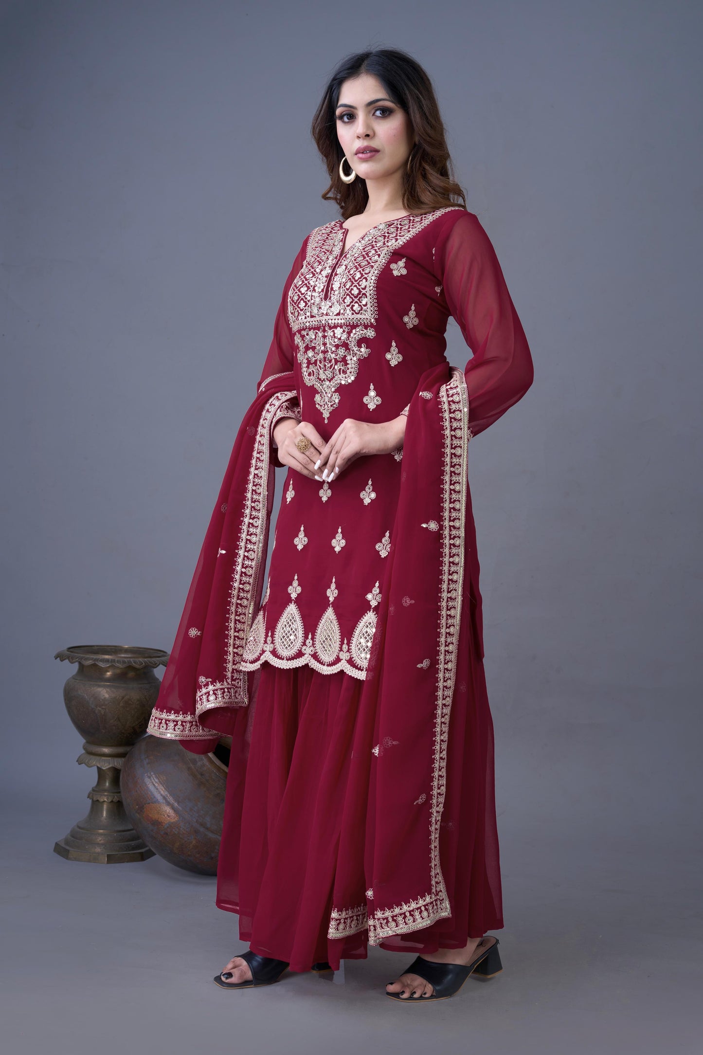 Maroon color georgette sharara suit with dupatta