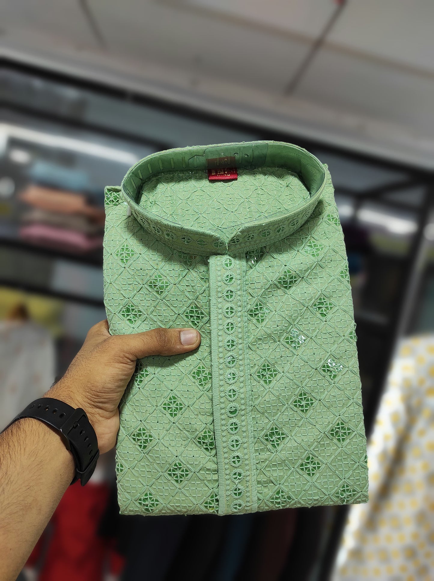 Designer Rayon Lakhnavi Work Men's Kurta With Pajama For Party