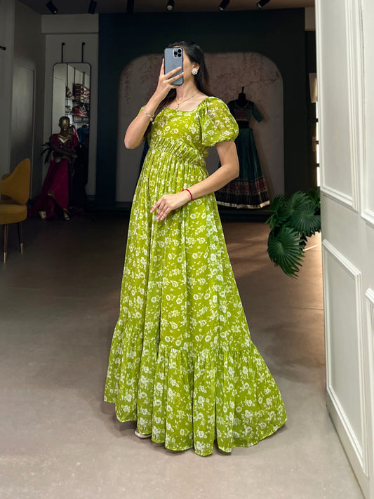 Parrot green georgette printed long gown online