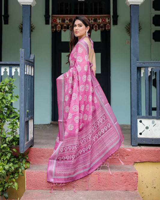 Pink color linen printed saree with blouse online