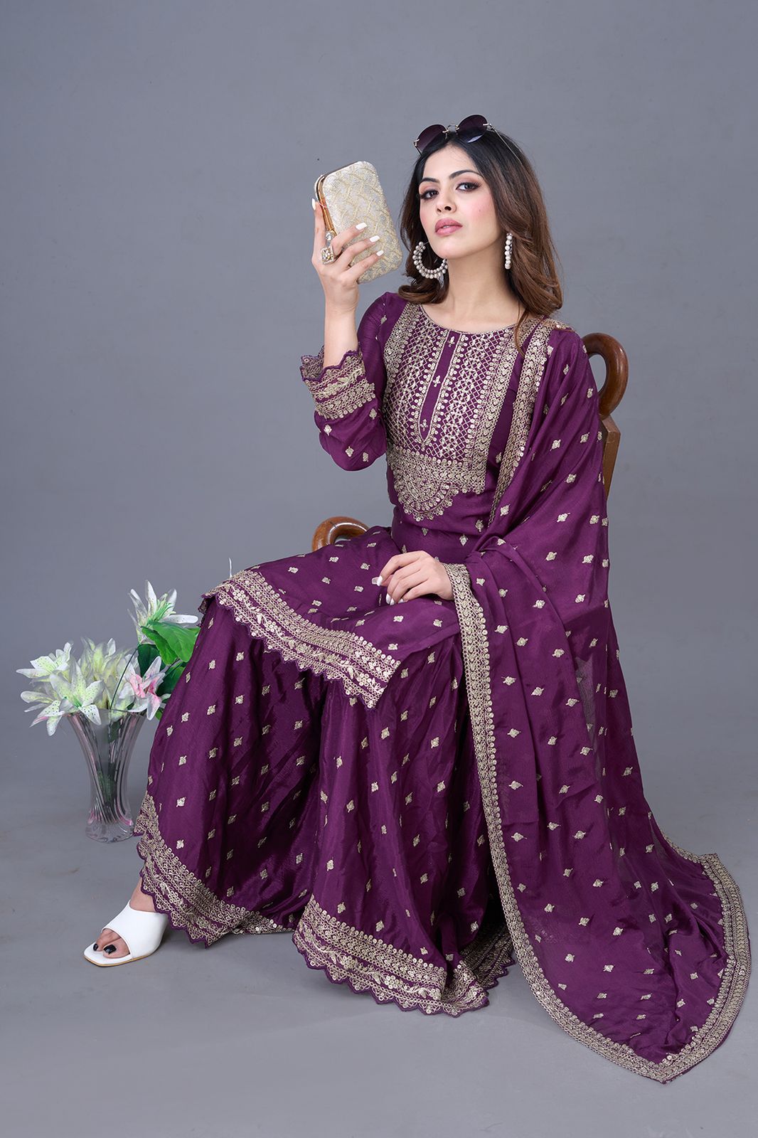 Purple color chinon silk sharara suit with dupatta online