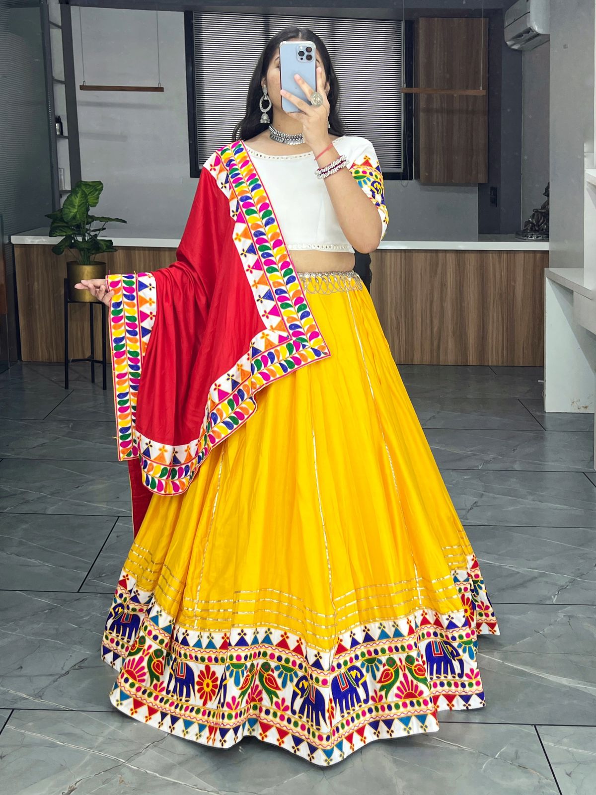 Simple yellow navratri lehenga choli for women
