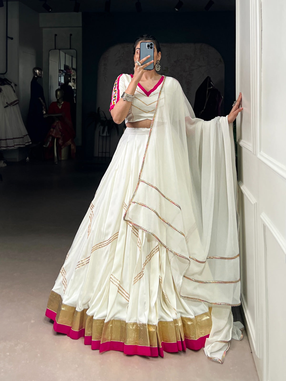 White color gamthi work chaniya choli for navratri