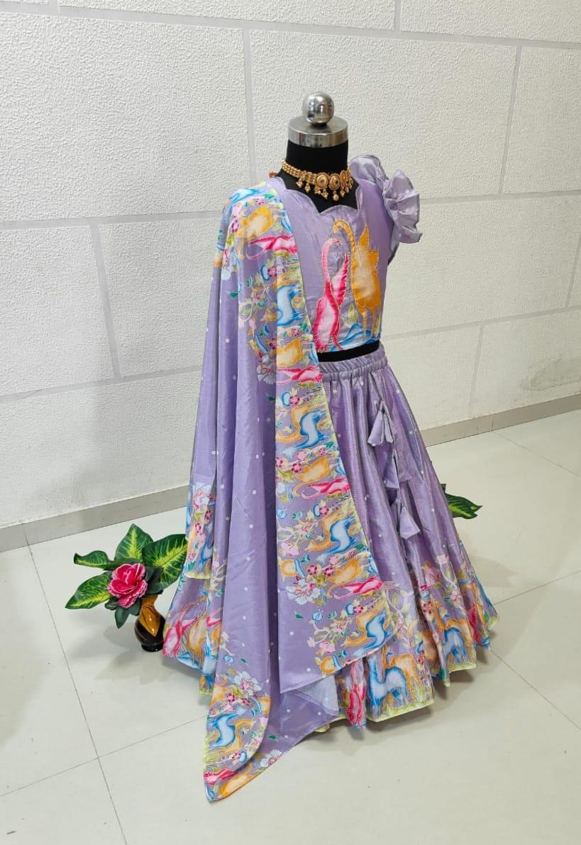Lavender color silk printed lehenga choli Pattu Pavada