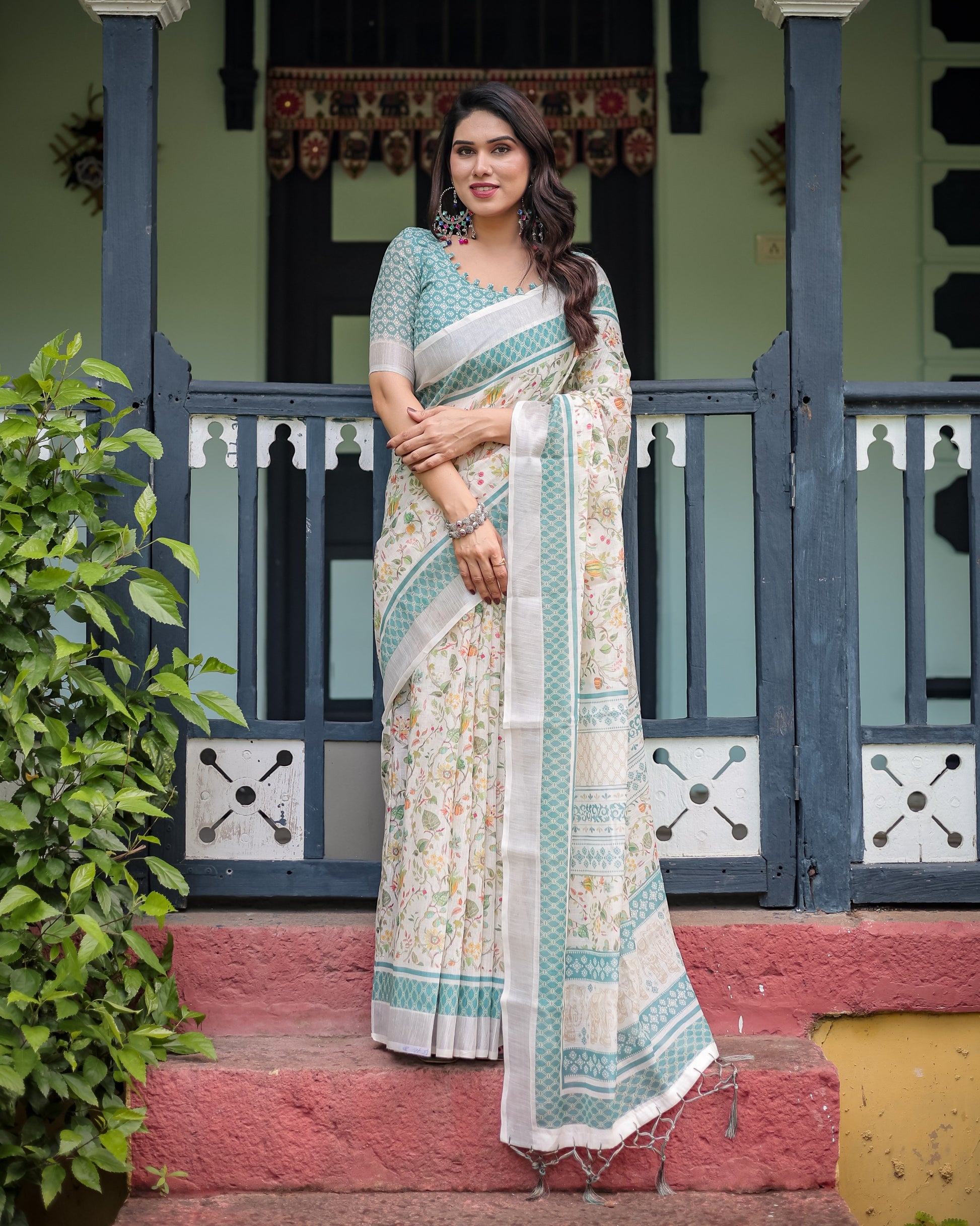 Ivory color linen printed saree for wedding
