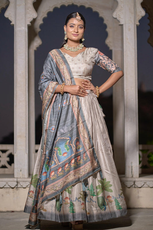Grey Color Manipuri Silk Fancy Wedding Lehenga Choli With Dupatta