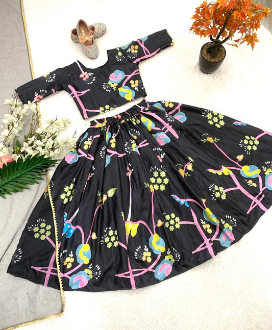 Black color chinon silk lehenga choli with dupatta for party